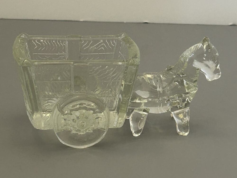 Glass Donkey Pulling Cart Toothpick Candy Holder Planter Clear Pressed Vintage